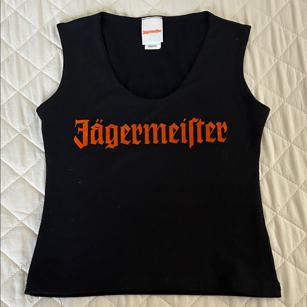 Jägermeister, sz. small, sleeveless fitted black crop style tee, GUC